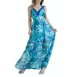 NWT Guess Floral Lace Maxi Dress  Batik Tropical Blue Print  Halter V Neck Sz  M